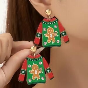 Christmas Sweater Design With Gingerbread Print Pierced Dangle Earrings